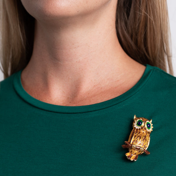 kenneth jay lane Gold with Yellow and Brown Owl Pin