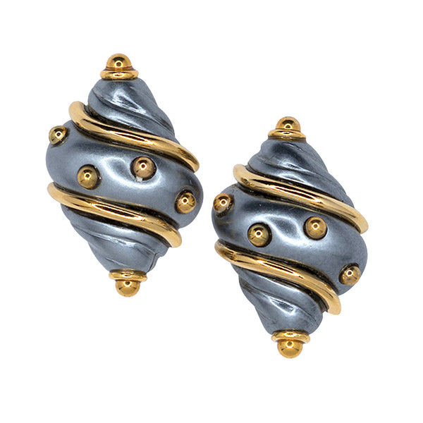 kenneth jay lane Grey Pearl With Gold Dots Small Shell Clip Earrings