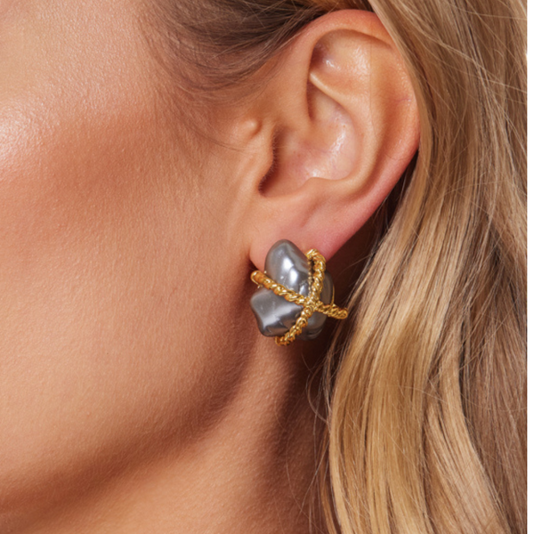 kenneth jay lane Grey Pearl with Gold "X" Nugget Clip Earring