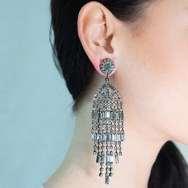Kenneth Jay Lane Gunmetal And Crystal Waterfall Clip Earrings