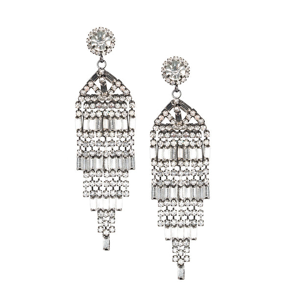 kenneth jay lane Gunmetal and Crystal Waterfall Clip Earrings