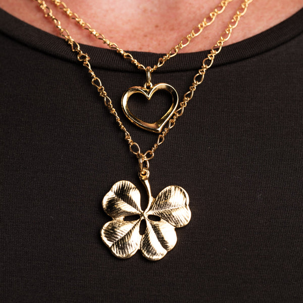 Kenneth Jay Lane Heart And Clover Double Chain Pendant Necklace