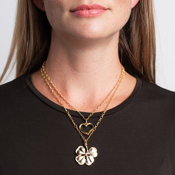 kenneth jay lane Heart and Clover Double Chain Pendant Necklace