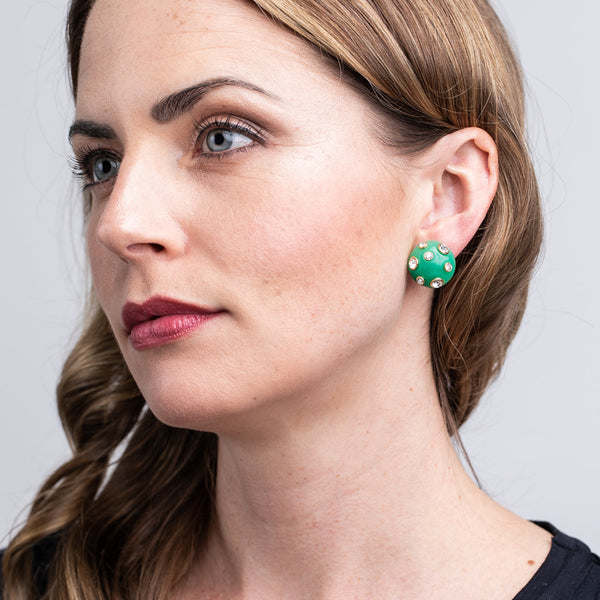 Kenneth Jay Lane Jade Domed Gold Clip Earrings With Crystals