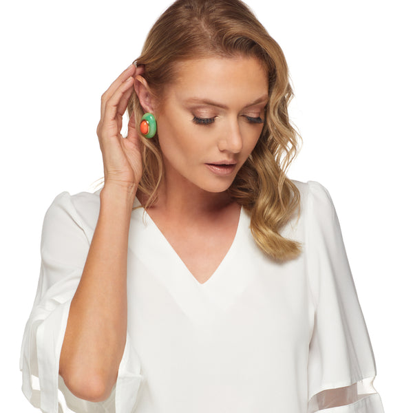 Kenneth Jay Lane Jade With Coral Center Oval Clip Earring