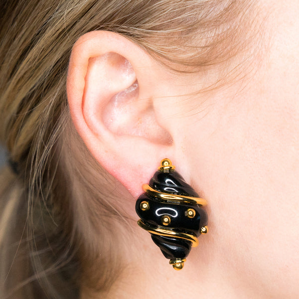 Kenneth Jay Lane Black And Gold Shell Earrings