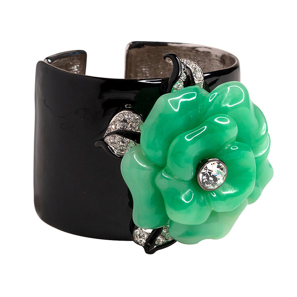 kenneth jay lane Black Cuff with Jade Flower