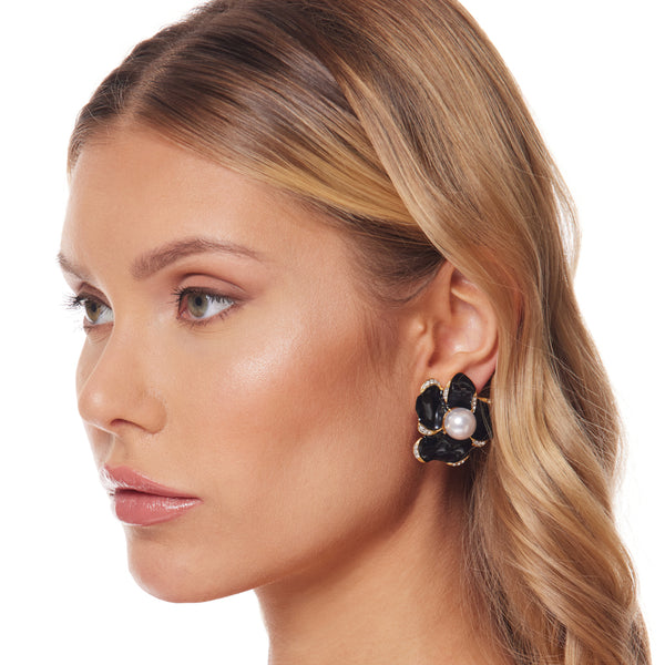 Kenneth Jay Lane Black Enamel Flower Clip Earrings