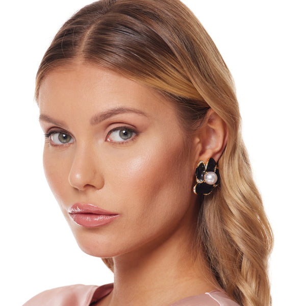 Kenneth Jay Lane Black Enamel Flower Clip Earrings