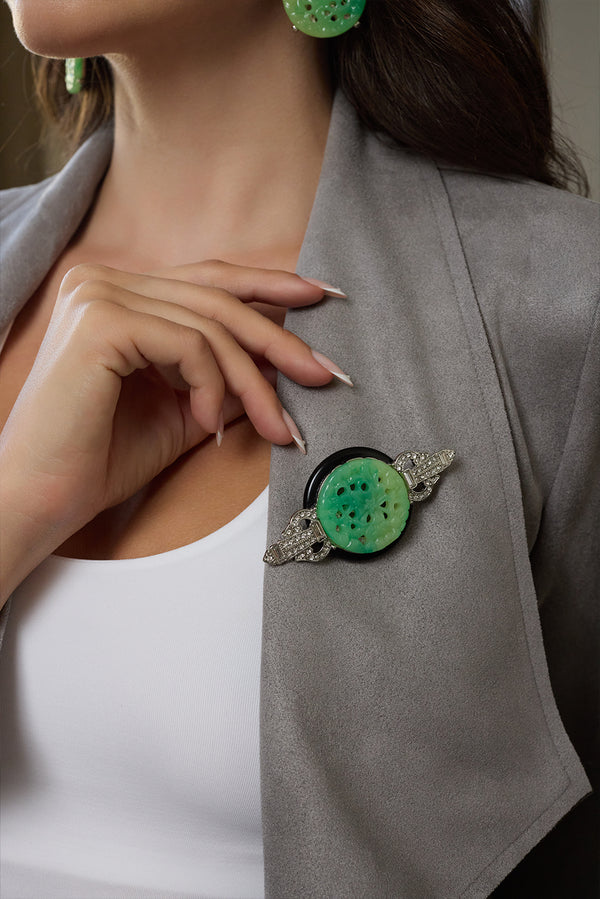 Kenneth Jay Lane Black & Jade Deco Pin