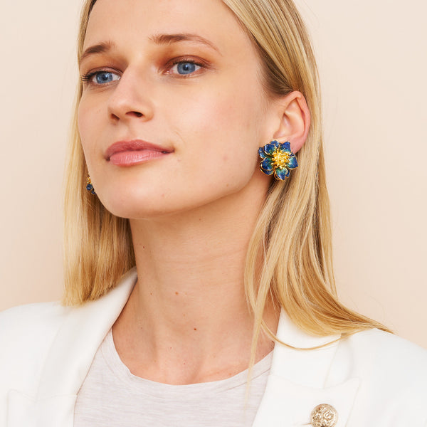 Kenneth Jay Lane Blue Enamel Flower Clip Earrings