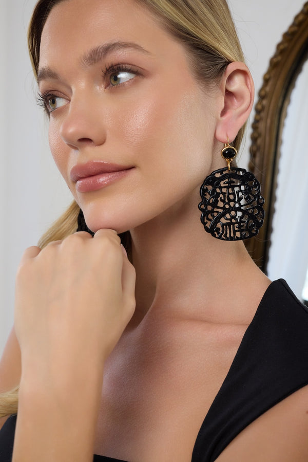 Kenneth Jay Lane Carved Black Wire Earrings