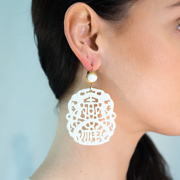 Kenneth Jay Lane Carved White Pierced Earrings