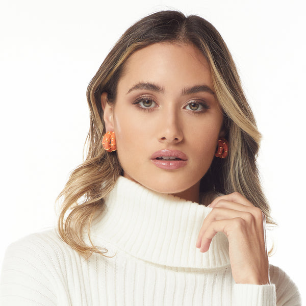 Kenneth Jay Lane Coral Bamboo Hoop Clip Earrings