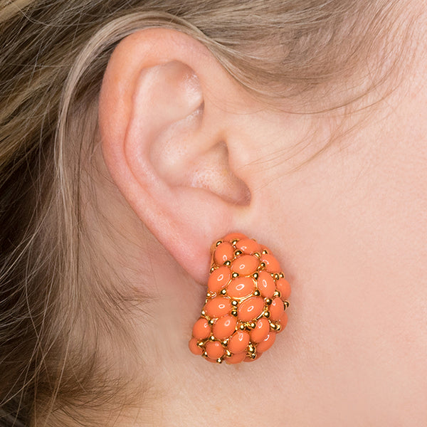 Kenneth Jay Lane Coral Cabochon Hoop Clip Earrings