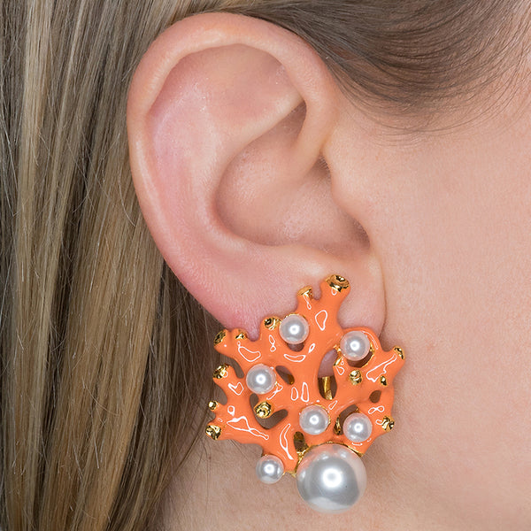 Kenneth Jay Lane Coral & Pearl Dot Clip Earrings