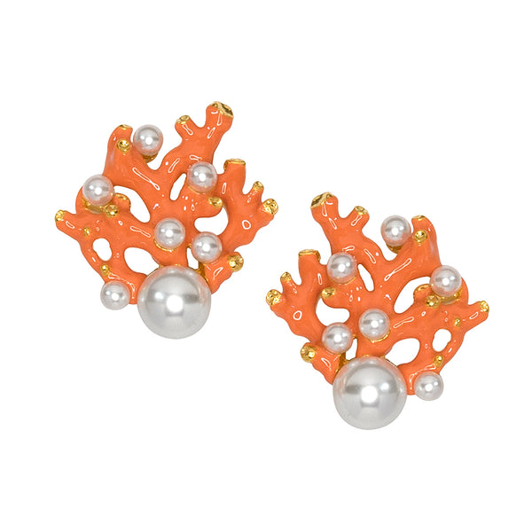 kenneth jay lane Coral & Pearl Dot Clip Earrings