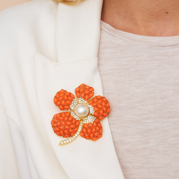 Kenneth Jay Lane Coral & Pearl Flower Pin