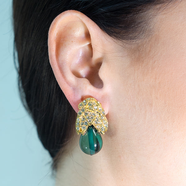 Kenneth Jay Lane Emerald Drop Clip Earrings