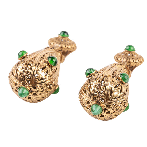 Kenneth Jay Lane Emerald Filigree Clip Earrings
