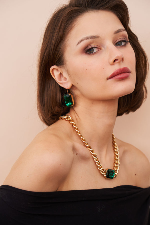 Kenneth Jay Lane Emerald Octagon Fishhook Earrings