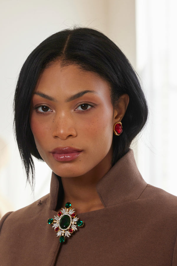 Kenneth Jay Lane Emerald & Ruby Stone Cluster Pin