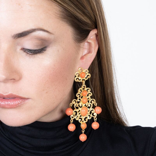 kenneth jay lane Filagree & Coral Drop Clip Earring