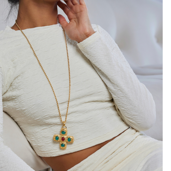 Kenneth Jay Lane Gemstone Cross Pendant Necklace