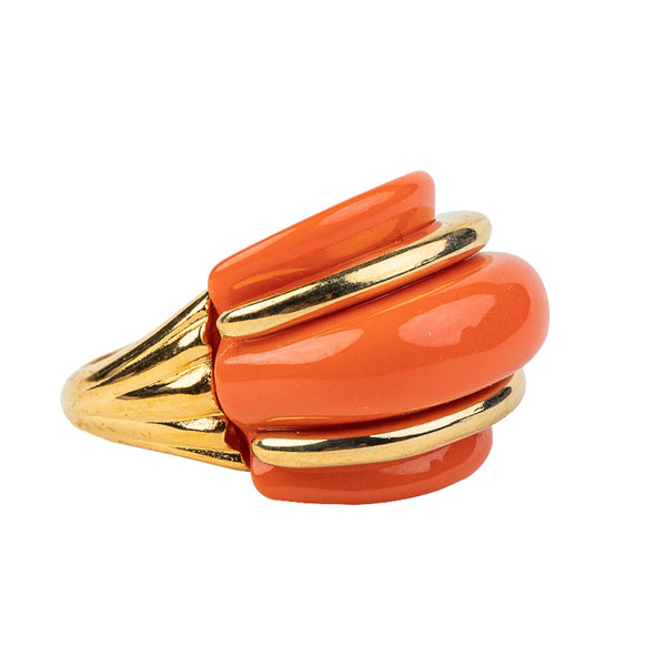 Kenneth Jay Lane Gold And Coral Double Ribbed Ring