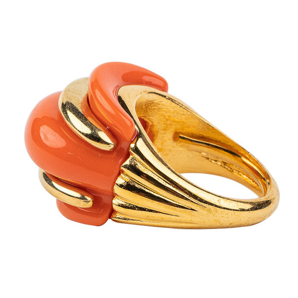 Kenneth Jay Lane Gold And Coral Double Ribbed Ring