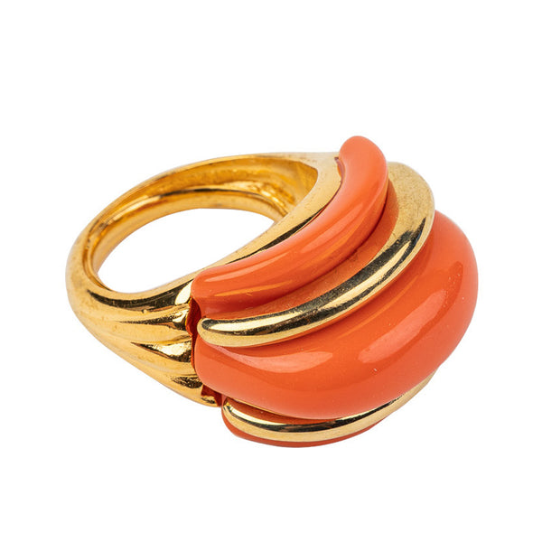 Kenneth Jay Lane Gold And Coral Double Ribbed Ring