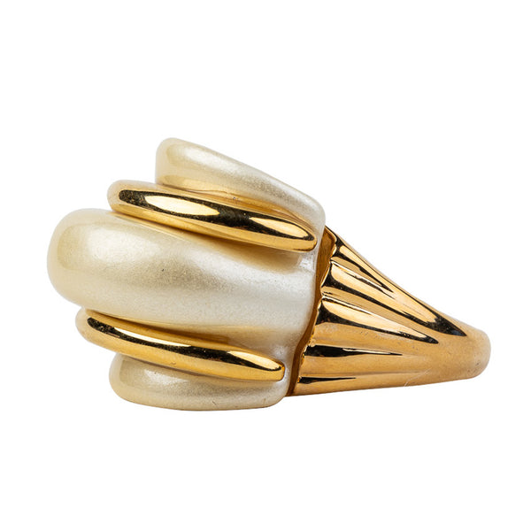 Kenneth Jay Lane Gold And Pearl Double Ribbed Ring