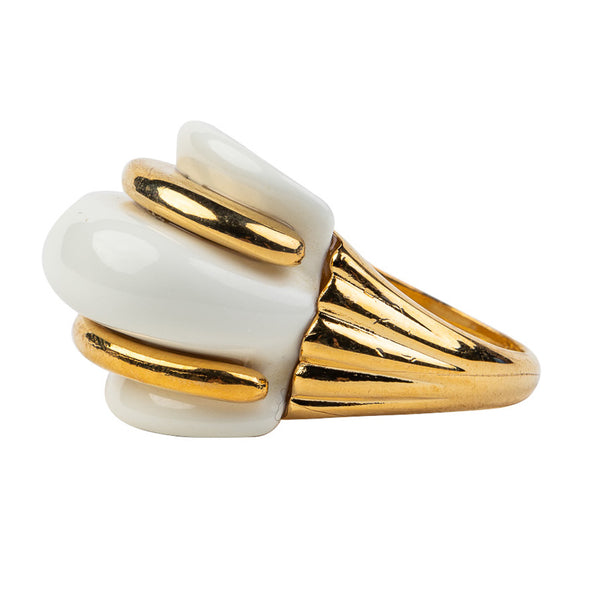 Kenneth Jay Lane Gold And White Double Ribbed Ring