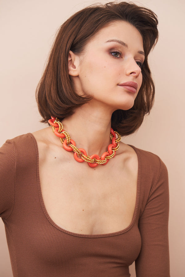 Kenneth Jay Lane Gold & Coral Twist Link Necklace
