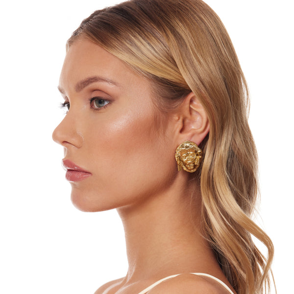 Kenneth Jay Lane Gold Lion Head Clip Earrings