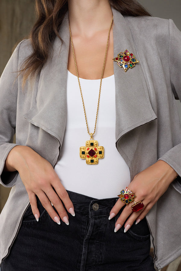 Kenneth Jay Lane Gold Multi-Gem Maltese Cross Pin