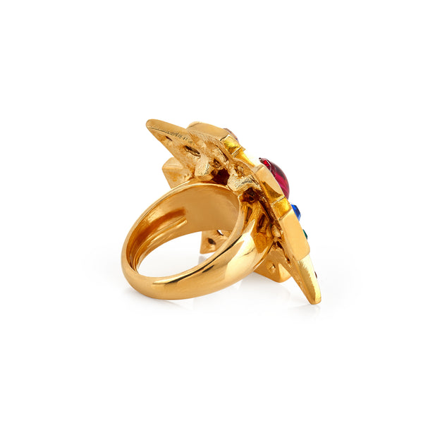 Kenneth Jay Lane Gold Multi-Gem Maltese Cross Ring