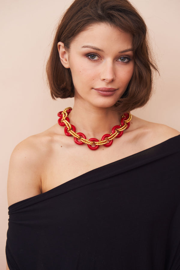 Kenneth Jay Lane Gold & Red Twist Link Necklace