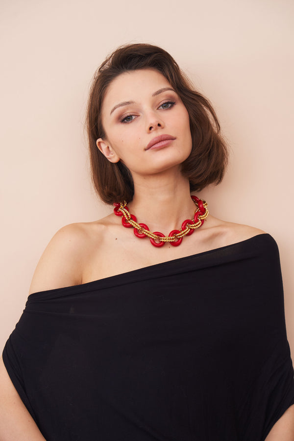 Kenneth Jay Lane Gold & Red Twist Link Necklace
