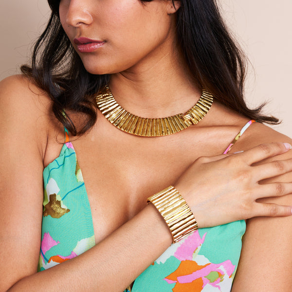 Kenneth Jay Lane Gold Ribbed Hinged Cuff Bracelet