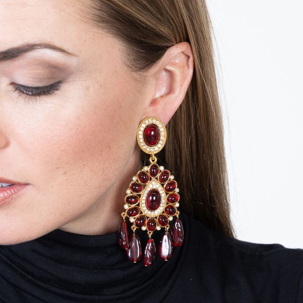 kenneth jay lane Gold & Ruby Drop Clip Earrings
