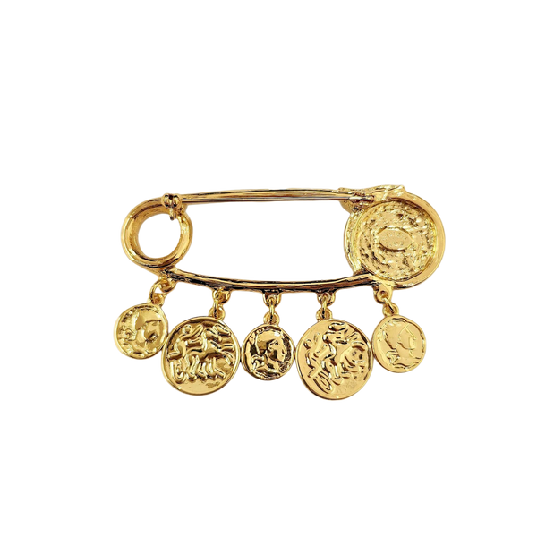 Kenneth Jay Lane Gold Safety Pin With Coin Charms