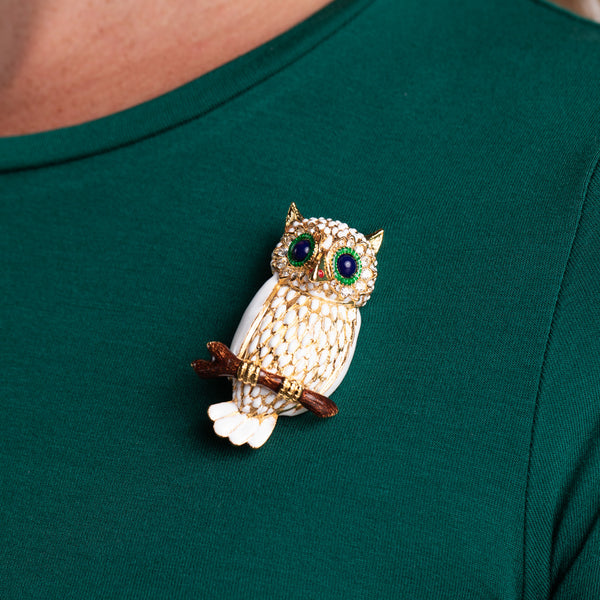 Kenneth Jay Lane Gold With White Owl Pin
