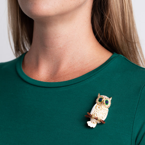 kenneth jay lane Gold with White Owl Pin