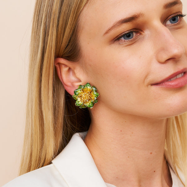 Kenneth Jay Lane Green Enamel Flower Clip Earring