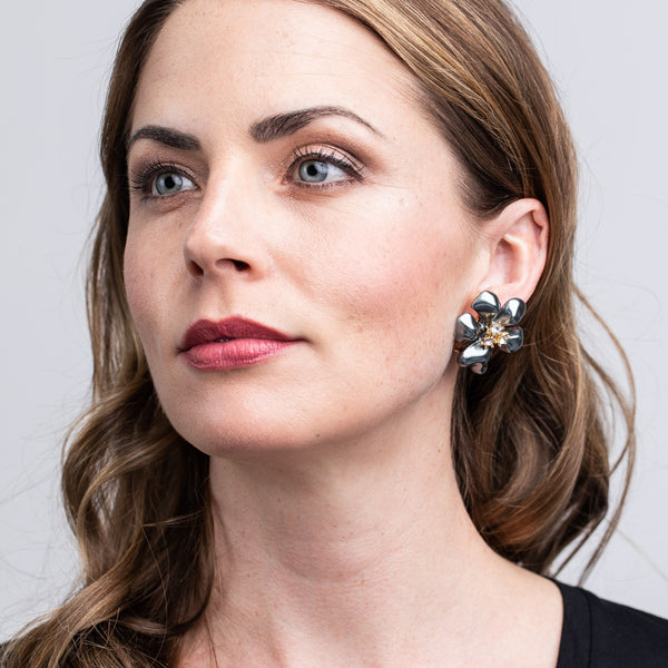 Kenneth Jay Lane Grey Pearl Flower Clip Earrings