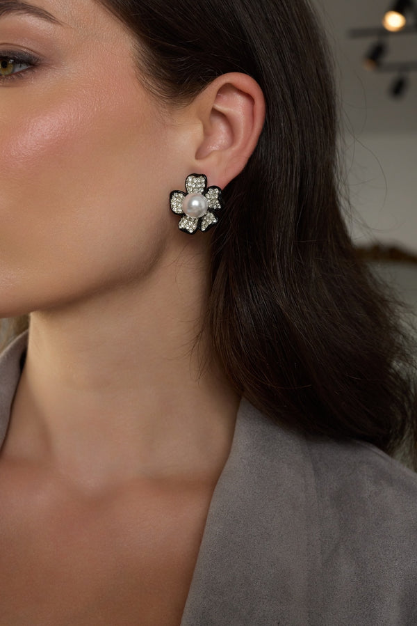 Kenneth Jay Lane Pearl Center Flower Clip Earrings