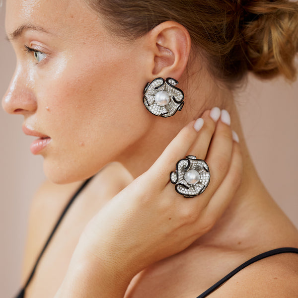 Kenneth Jay Lane Pearl Center Flower Clip Earrings