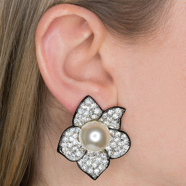 Kenneth Jay Lane Pearl Center Flower Clip Earrings