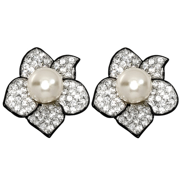 kenneth jay lane Pearl Center Flower Clip Earrings